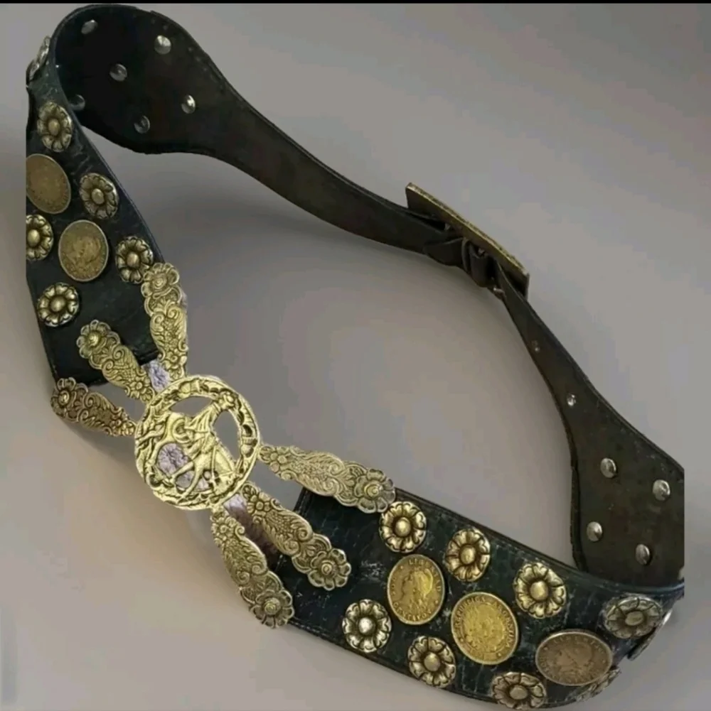 Vintage Leather Brass Flower Coin Belt Removable Buckle